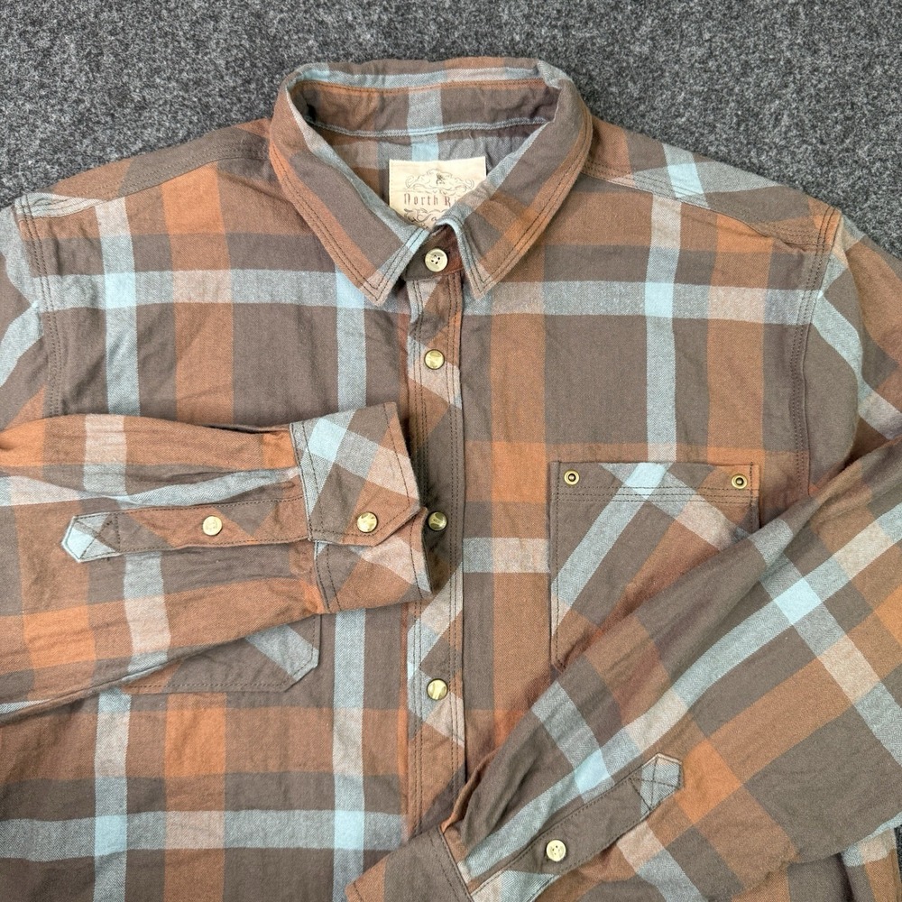 North River Mens XL Western Plaid Pearl Snap Shirt Brown Blue Long Sleeve